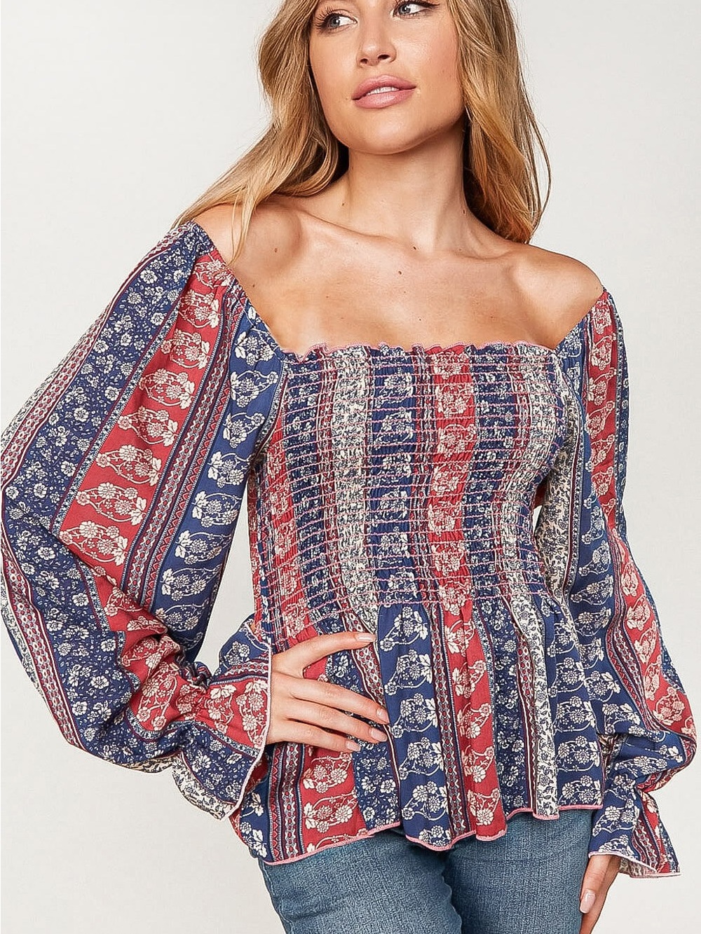 SugarFox Womens Smocked Square Neck Rust & Blue Peplum Top. Sz  M